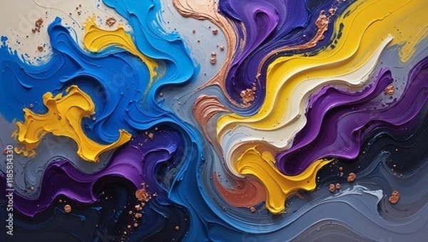 Fototapeta Vibrant and expressive acrylic abstract painting featuring a dynamic interplay of swirling shapes and colors, with bold brushstrokes and textures that evoke a sense of energy and movement, set against