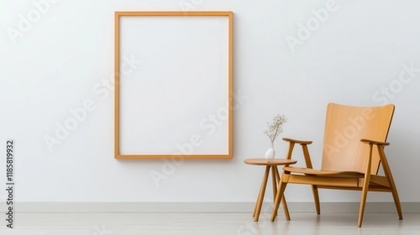 Fototapeta Empty wooden frame on a white background, perfect for showcasing your favorite artwork or photos in a living space.