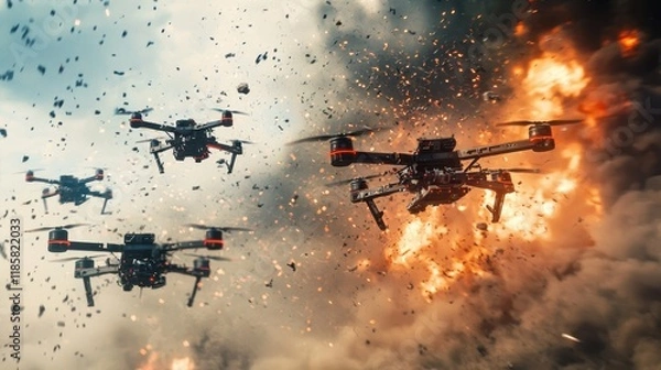 Obraz A conceptual portrayal of drone swarms optimizing battlefield strategies.
