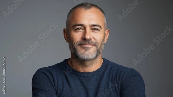 Fototapeta Man with a beard and gray hair is smiling for the camera. He is wearing a blue shirt and a gray hat