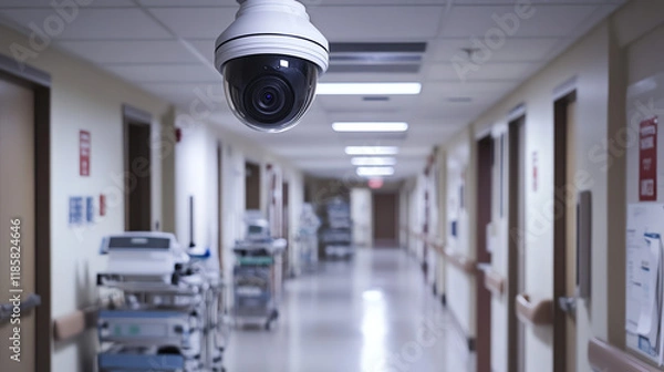 Fototapeta Security camera in hospital corridor. Shows healthcare facility surveillance and patient safety monitoring systems.