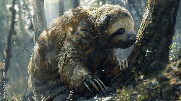 Fototapeta 
The giant ground sloth, scientifically known as Megatherium, was a prehistoric mammal that lived during the Pleistocene Epoch, approximately 2.6 million to 10,000 years ago. These enormous herbivores
