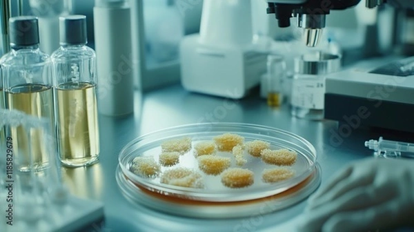 Fototapeta Petri dish with cultured cells under microscope in lab.