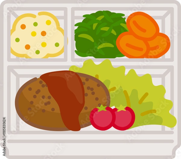 Obraz シンプルでかわいいお弁当アイコン：ハンバーグ弁当