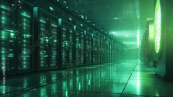 Fototapeta A high-tech data center with rows of servers and a digital green and blue color scheme creates a futuristic atmosphere, offering the ideal setting for tech-inspired designs. 