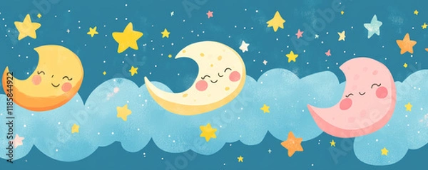Fototapeta Happy celestial objects in playful starry background with smiling moons and stars. This whimsical illustration evokes joy and wonder in dreamy night sky