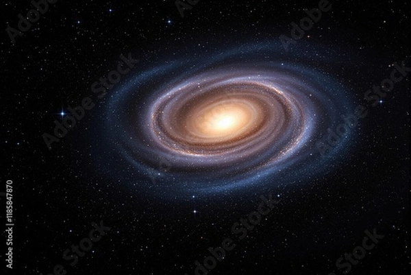 Fototapeta A luminous spiral galaxy with glowing core and swirling arms, surrounded by numerous stars against a cosmic background. Concept of astronomy and universe. Ai generative