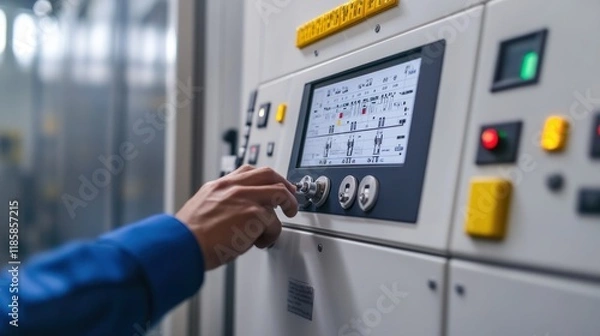 Obraz Technicians programming industrial robots on a sleek control panel 