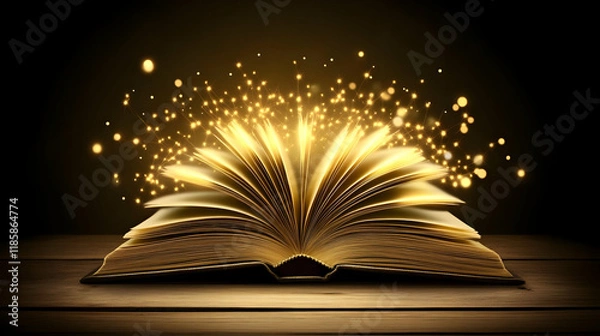 Fototapeta Open Book Emits Magical Golden Light on Wooden Table