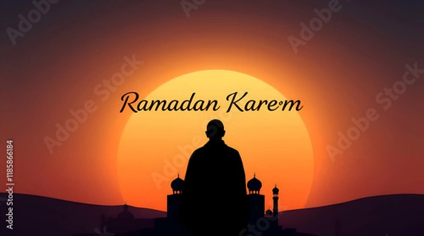 Fototapeta A silhouette of a man praying in front of the mosque, in the mosque, admiring the mosque