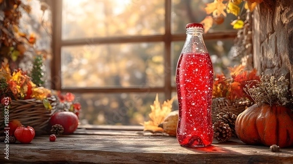 Fototapeta A vibrant Soda Bottle Mockup glows with autumn hues, surrounded by rustic decor, evoking warmth and nostalgia.