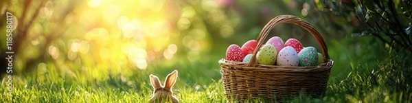 Fototapeta basket with eggs and Easter bunny. Selective focus