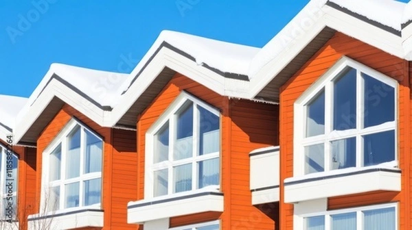 Fototapeta Row of snow-covered red houses with large windows.