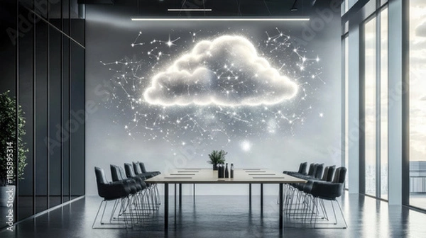 Fototapeta Cloud Computing Conference Room: Modern conference room with a glowing cloud computing symbol on the wall, symbolizing innovation, technology, and collaboration in a sleek and stylish setting.  