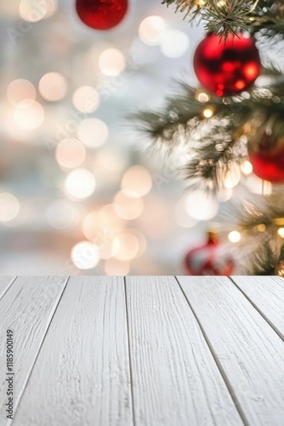 Fototapeta Wooden tabletop with blurred Christmas decorations in the background ideal for product display and mockup design