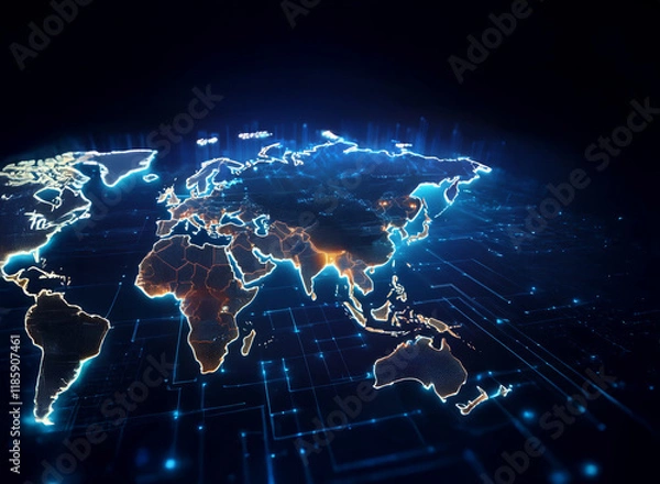 Fototapeta Glowing world map on a digital circuit board, illustrating global connectivity and technological advancement.  A futuristic vision of international networking.