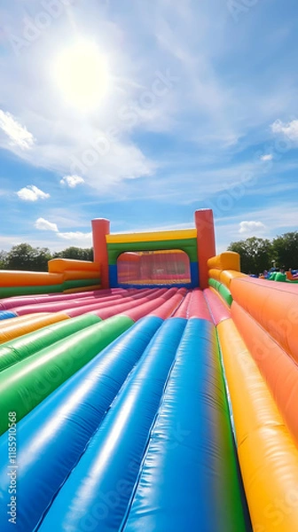 Fototapeta Inflatable Obstacle Course Fun: Bounce, Slide, and Play Under the Summer Sun