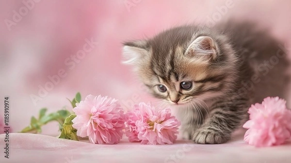 Fototapeta Cat With Flowers Isolated Image
