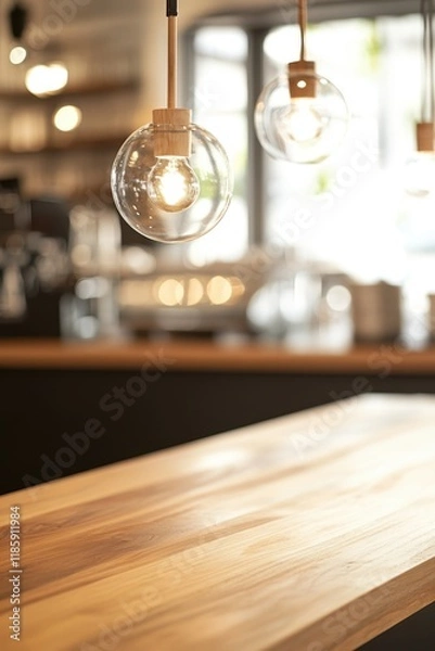 Fototapeta Stylish wooden table top ready for product display in modern cafe with elegant hanging lights and inviting atmosphere