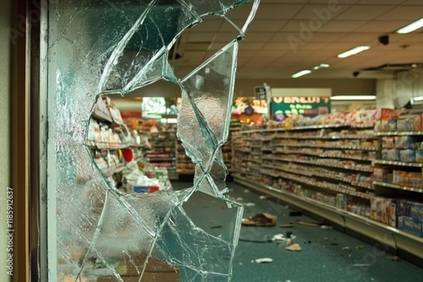 Fototapeta broken window of a supermarket , robbery, crime, theft , thief