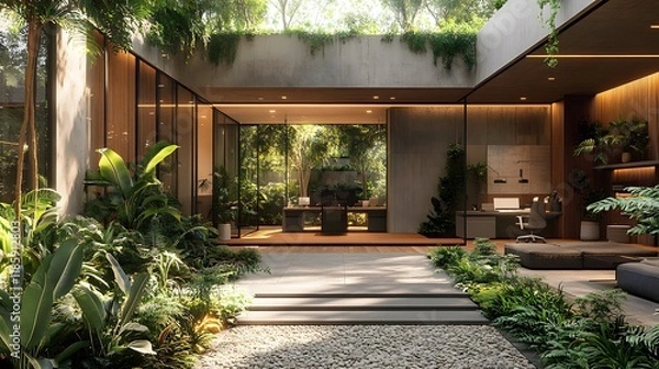 Obraz Open-concept office in 3D rendering with greenery and sunlight through skylights