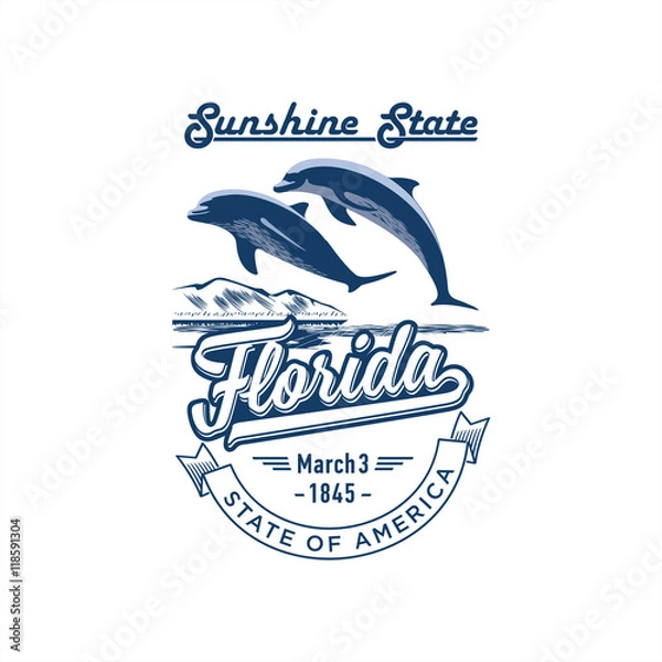 Obraz Флорида, стилизованная эмблема штата Америки, Дельфины в синем цвете
