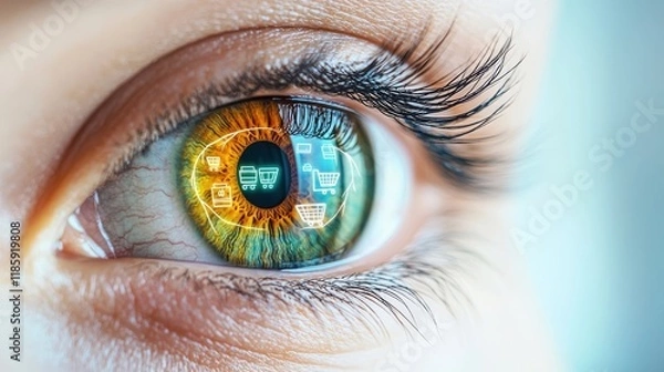 Fototapeta A close-up of an eye with digital shopping icons reflected in the iris.