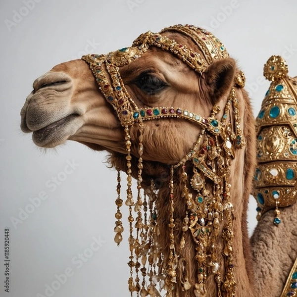 Obraz A camel adorned with gold and jewels on a white backdrop.