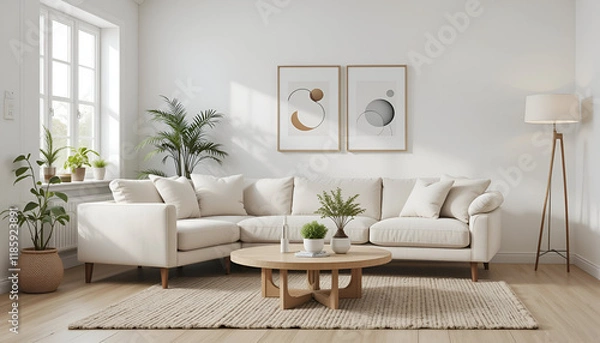 Fototapeta Bright modern living room interior with clean minimalist design and stylish furniture.