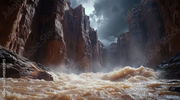 Fototapeta Turbulent River Raging Through Imposing Canyon Walls Under Dramatic Sky