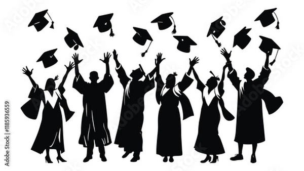 Obraz Graduates in mantles throwing up graduation caps Graduated from university and college