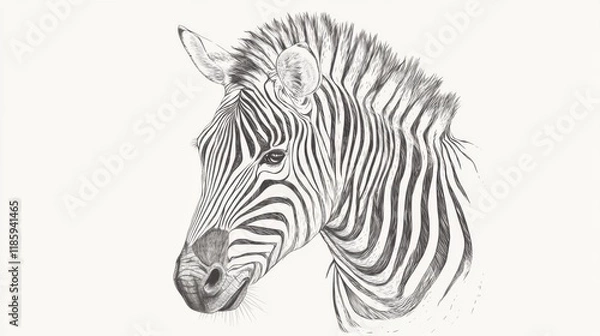 Obraz Detailed pencil sketch of a zebra's head and neck, showcasing its distinctive stripes against a white background.