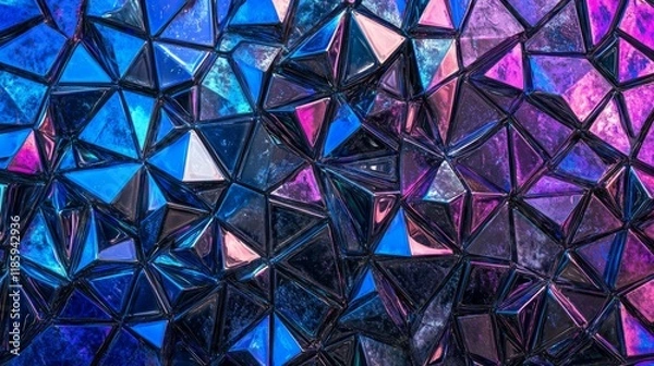 Fototapeta Sculptural wall panel design, dimensional pyramid blocks, neon blue to purple color spectrum, repeating geometric relief pattern, precise angular shapes, holographic gradient effect, cyberpunk