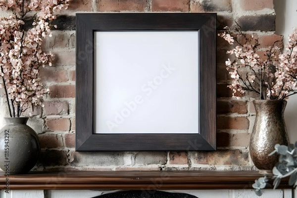Obraz Square frame mockup, fireplace mantel, brick wall, spring flowers, home decor