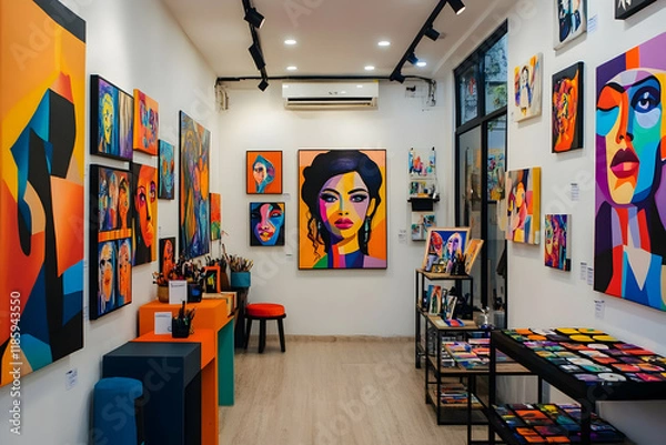 Obraz Vibrant modern art gallery interior. Colorful paintings on display.
