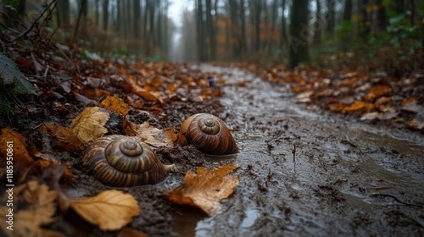Fototapeta Snails on a Wet Forest Trail with Autumn Leaves and Misty Background
