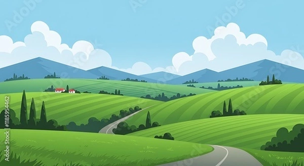 Fototapeta Straight empty road through the countryside. Green hills, blue sky, meadow and mountains. Summer landscape vector illustration.
