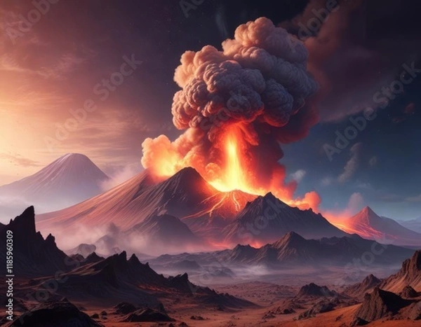 Fototapeta A glowing gas cloud suspended above a volcanic landscape on a distant world, lava, fire