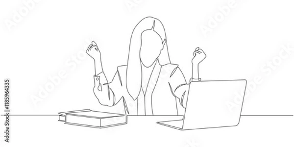 Fototapeta design vector line art office woman working in front of laptop and getting good news eps 2
