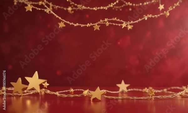 Fototapeta A festive scene with a string of gold stars and red background, occasion, atmosphere