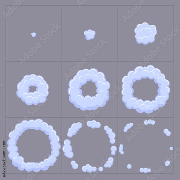 Fototapeta Cloud explosion effect animation. Game design cartoon animation frames. Flash.