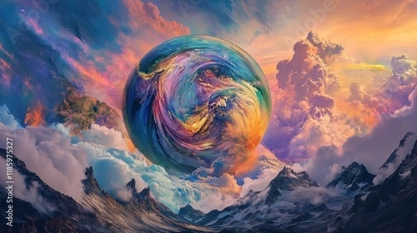 Fototapeta Surreal Dreamscape: A Colorful Orb Floating Above Majestic Mountains and Dreamlike Clouds