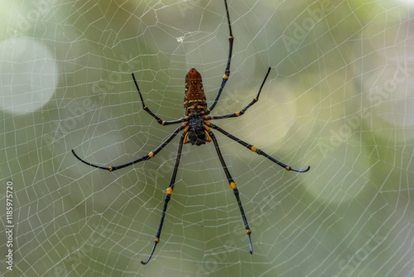 Fototapeta Macro image of Nephilinae spider resting in spiderweb