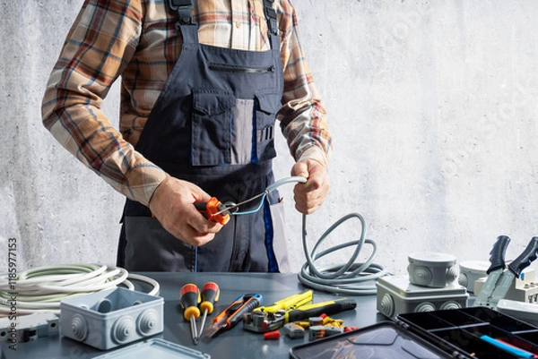 Obraz A professional electrician connecting wires  on site.