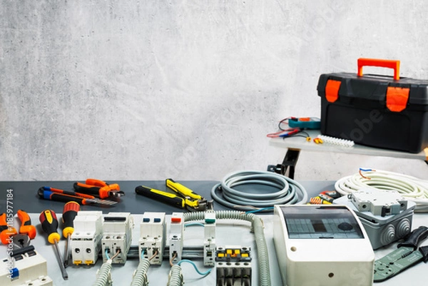 Obraz Electrical component, tools and equipment. Electrical background with copy space.