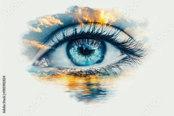 Fototapeta Double exposure art of eye sunset landscape reflection