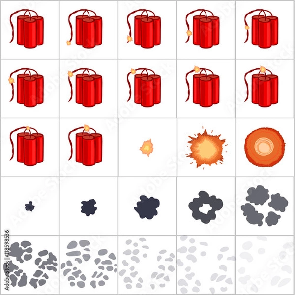 Fototapeta Explode effect animation with smoke and clouds.. Game design animation frames. Flash. Dynamite sticks.