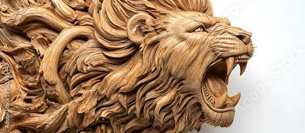Obraz An intricately detailed wood carving of a lion in mid-roar, set against a white background, capturing its fierce expression.