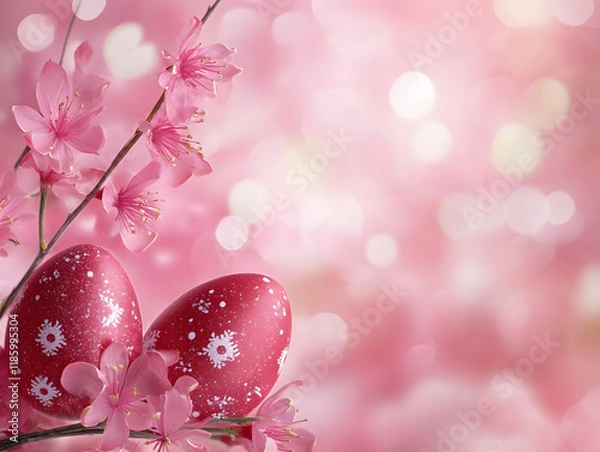 Fototapeta Happy Easter, pink and red background with easter eggs. Neural network AI generated art