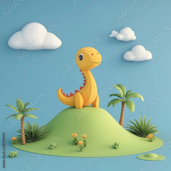 Fototapeta 3D rendering C4D blind box design A cute prehistoric dinosaur on a hill, origami style, simple, isolated